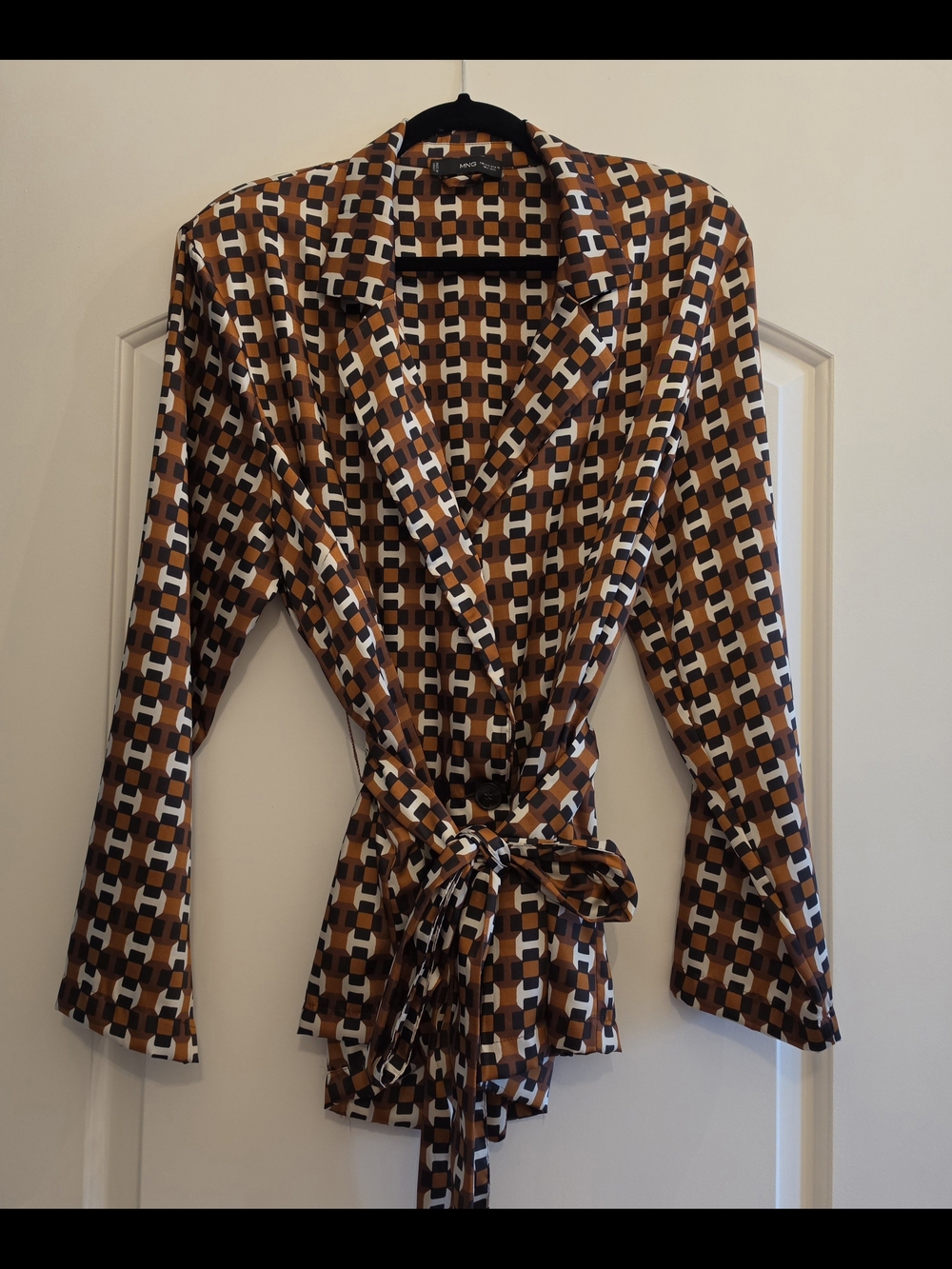 Mango Retro Geometric Print Blouse in Brown, Orange & Cream